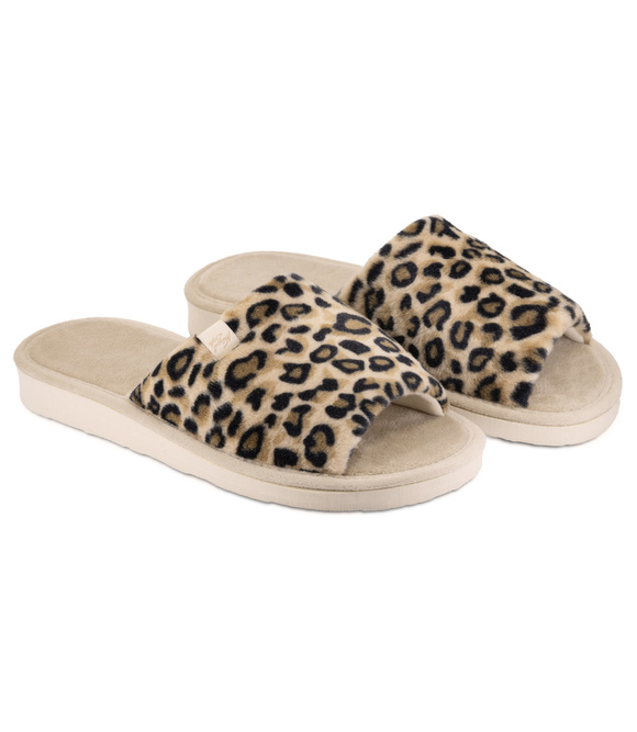 Dámské domácí pantofle s otevřenou špičkou s leopardím vzorem