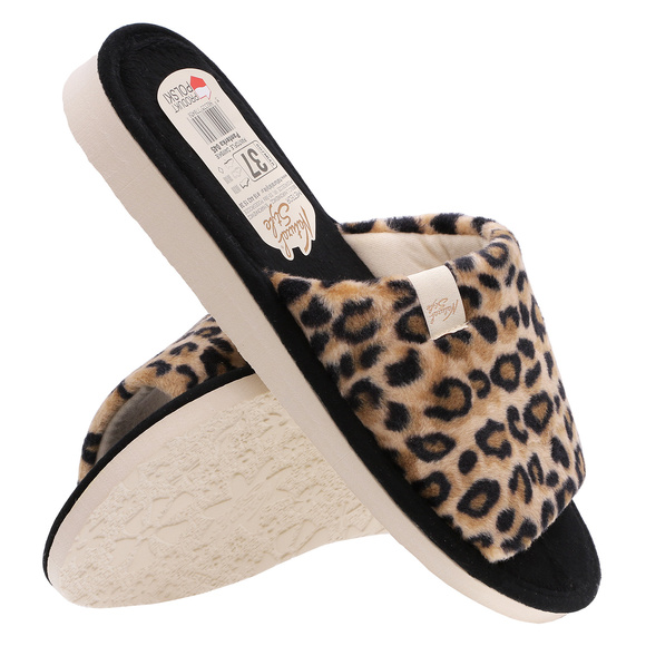 Dámské domácí pantofle s otevřenou špičkou s leopardím vzorem