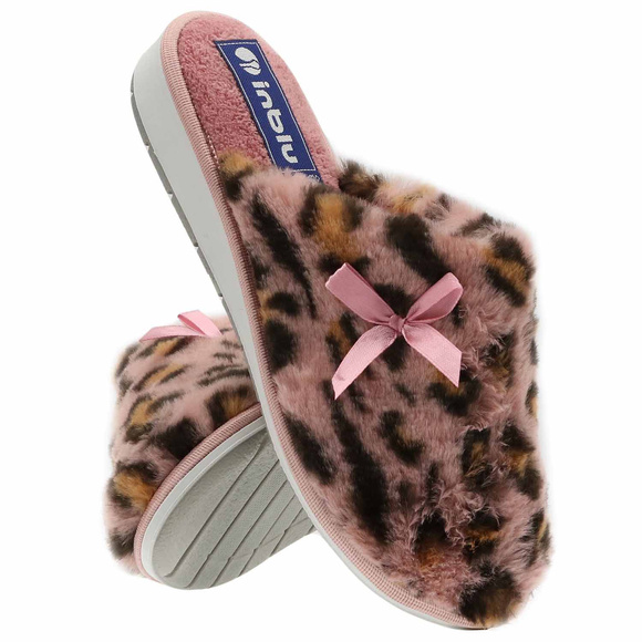 Dámské pantofle teplá domácí obuv s leopardím potiskem mašle